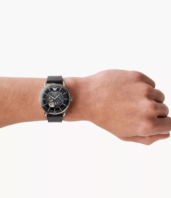Emporio Armani Meccanico Skeleton Black Dial Black Leather Strap Watch For Men - AR60026 - Image 4